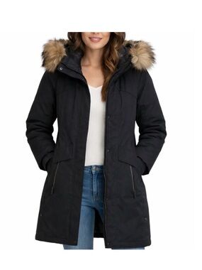 Martha Stewart Black Trench-Style Parka with Faux Fur Hood Trim